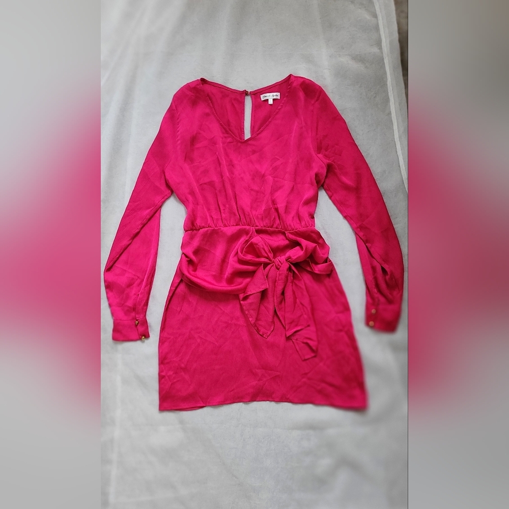 NWOT! Summer Party Hot Pink Women's Luxe Bow Front Long Sleeve Mini Dress Large